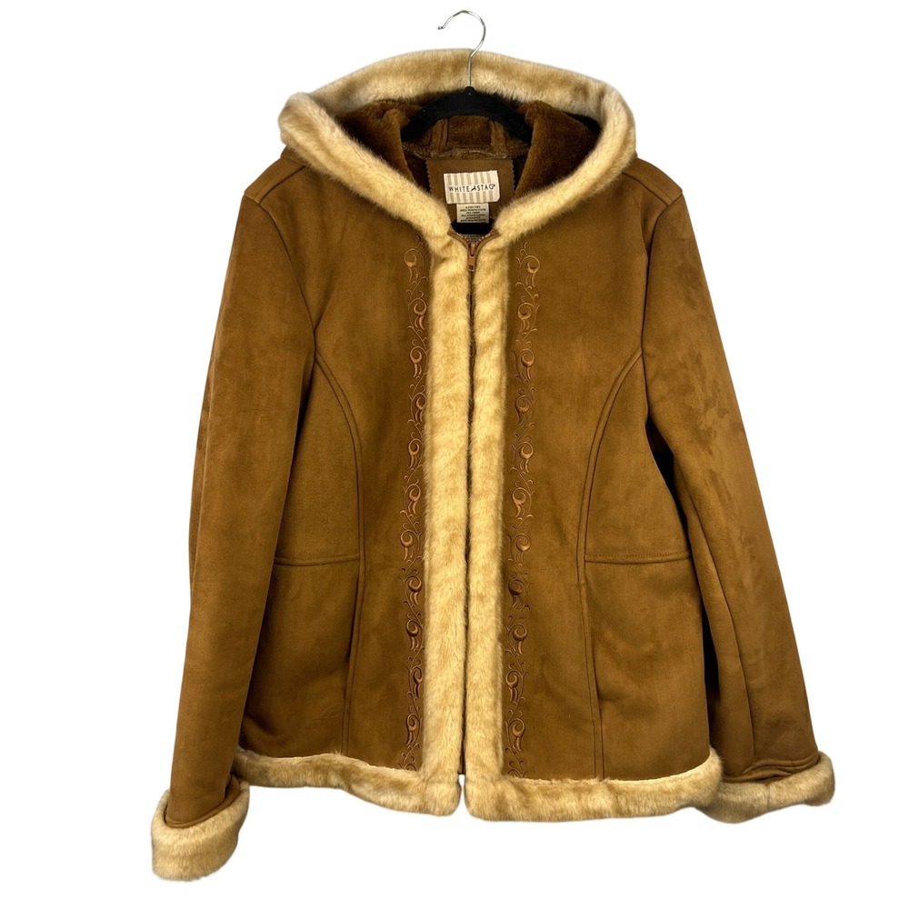 Penny Lane Faux Suede/Fur Shearling Embroidered‎ Hooded Coat SX L Boho Hippie